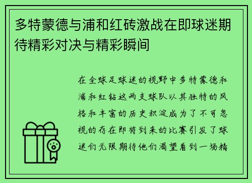 多特蒙德与浦和红砖激战在即球迷期待精彩对决与精彩瞬间