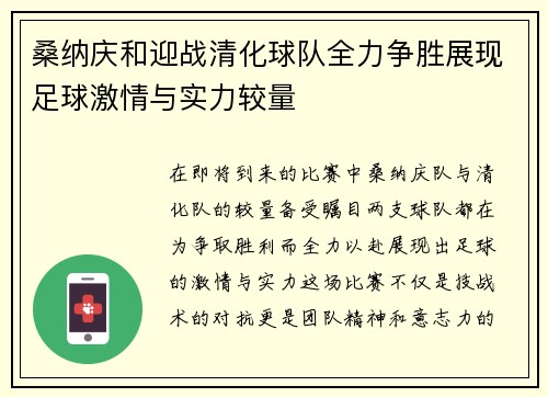 桑纳庆和迎战清化球队全力争胜展现足球激情与实力较量