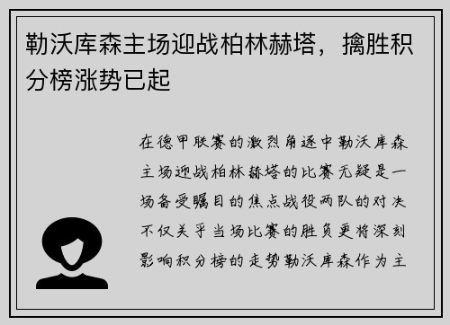 勒沃库森主场迎战柏林赫塔，擒胜积分榜涨势已起