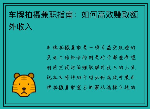 车牌拍摄兼职指南：如何高效赚取额外收入