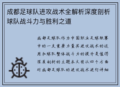 成都足球队进攻战术全解析深度剖析球队战斗力与胜利之道