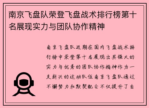 南京飞盘队荣登飞盘战术排行榜第十名展现实力与团队协作精神