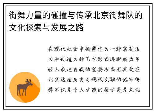 街舞力量的碰撞与传承北京街舞队的文化探索与发展之路