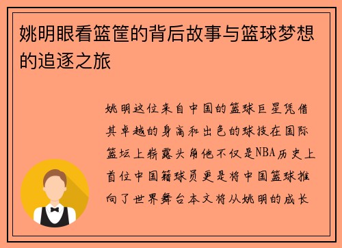 姚明眼看篮筐的背后故事与篮球梦想的追逐之旅