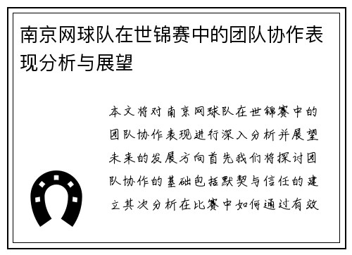 南京网球队在世锦赛中的团队协作表现分析与展望