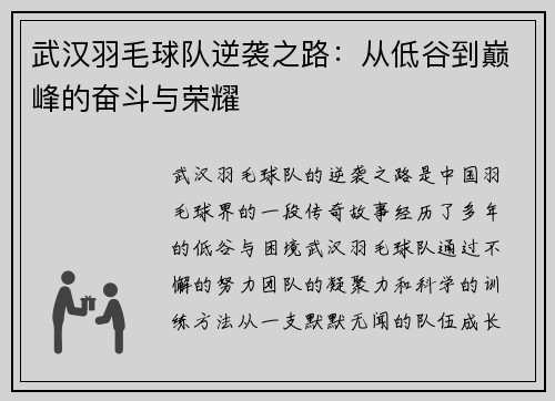 武汉羽毛球队逆袭之路：从低谷到巅峰的奋斗与荣耀