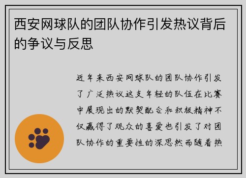 西安网球队的团队协作引发热议背后的争议与反思