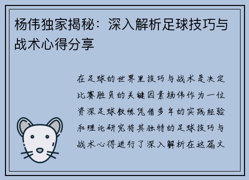 杨伟独家揭秘：深入解析足球技巧与战术心得分享